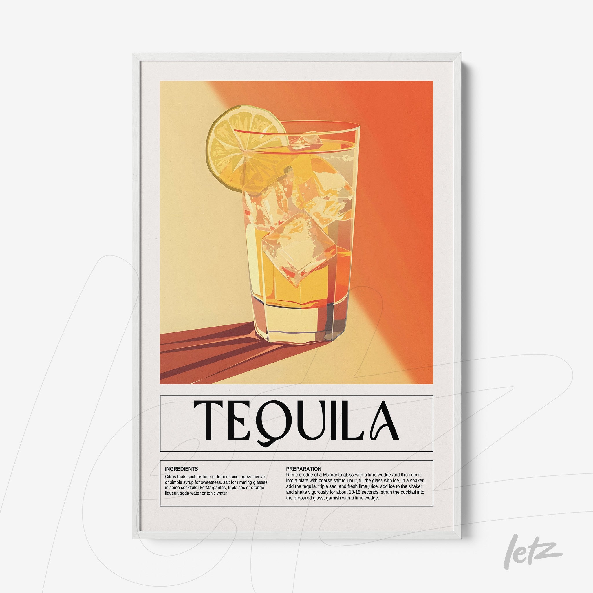 quadro com arte vintage de bebida tequila, vidro com gelo e fatia de limão, fundo laranja e amarelo
