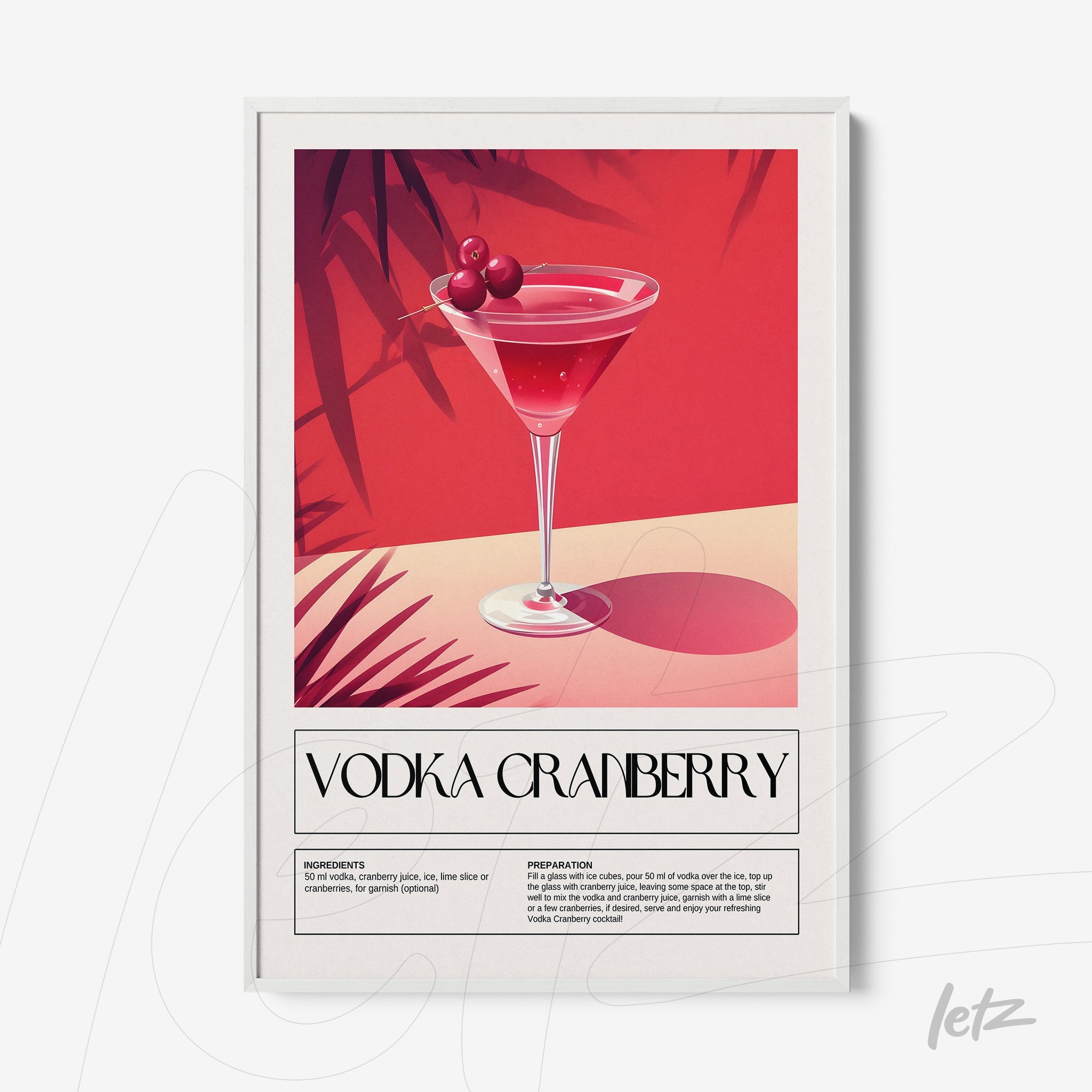 quadro com arte minimalista do drink vodka cranberry em moldura branca