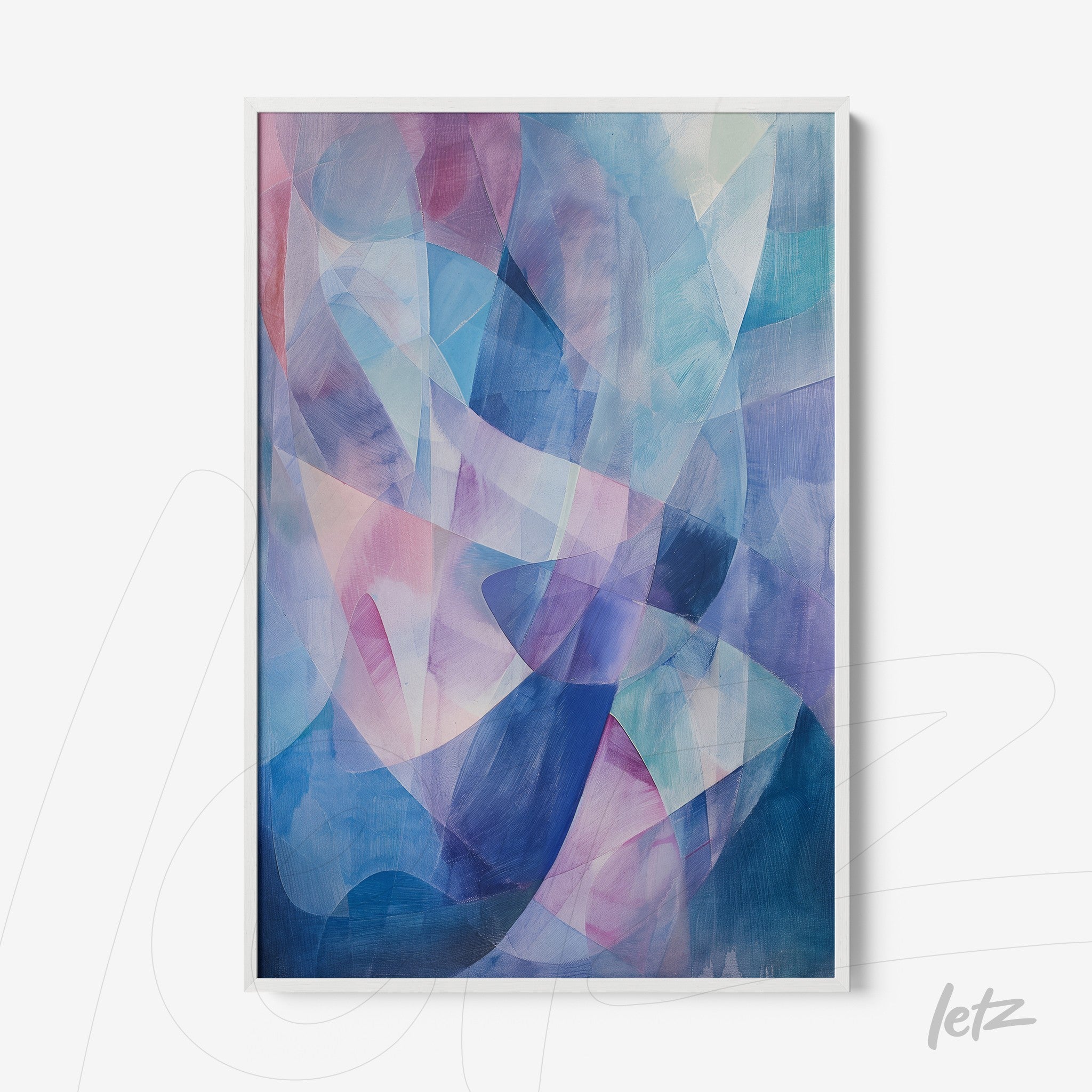 quadro com arte abstrata em tons de azul e rosa, com formas fluídas em fundo claro e moldura branca