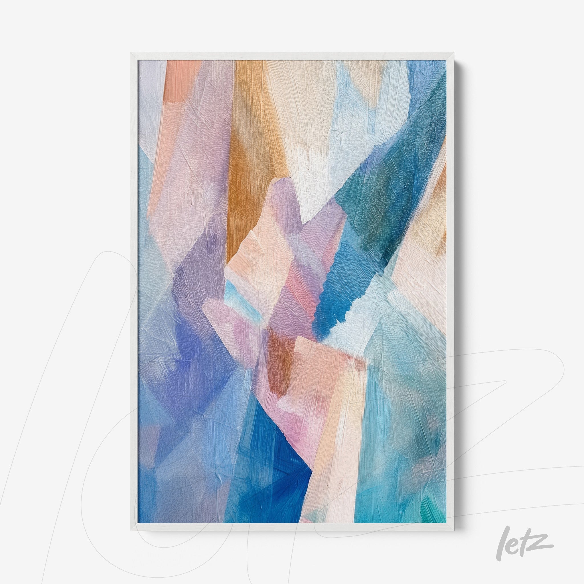 quadro com arte abstrata em tons de azul e rosa, com moldura branca fina