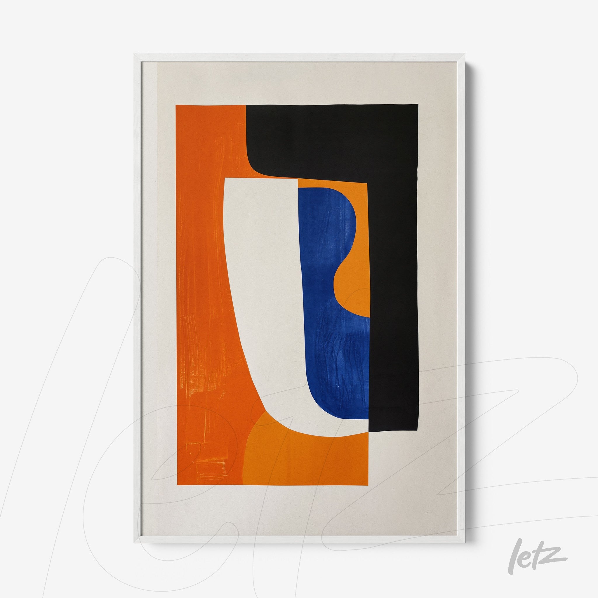 quadro com arte abstrata composta por formas em azul, laranja e preto em moldura branca