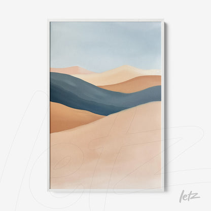 quadro com arte abstrata de paisagem de dunas em tons suaves de azul e bege, moldura branca