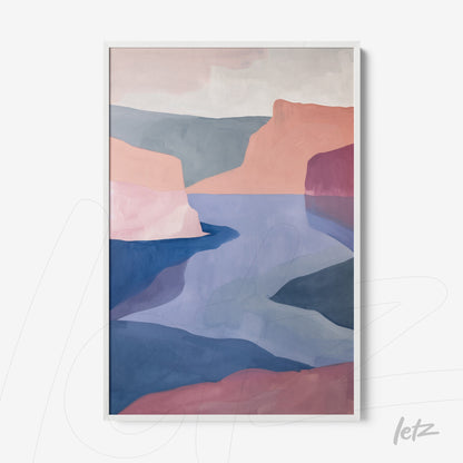 quadro com arte abstrata em tonalidades suaves de rosa, azul e roxo, moldura branca fina