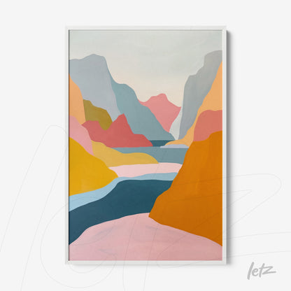 quadro com arte abstrata de paisagens em tons pastel e moldura branca