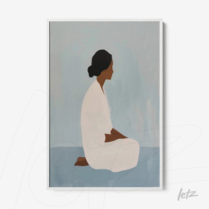 quadro decorativo de arte abstrata com figura feminina em posição de meditação, fundo azul claro e moldura branca