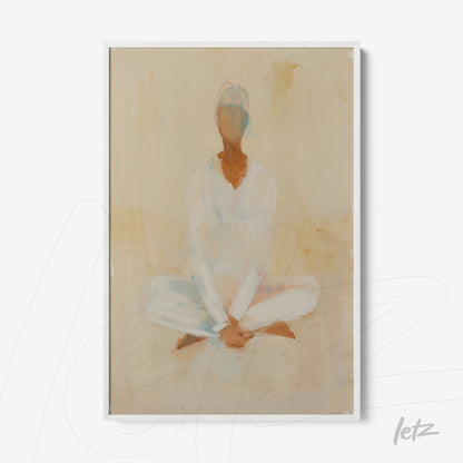 quadro com arte abstrata de figura em posição de meditação, fundo em tons neutros e moldura branca