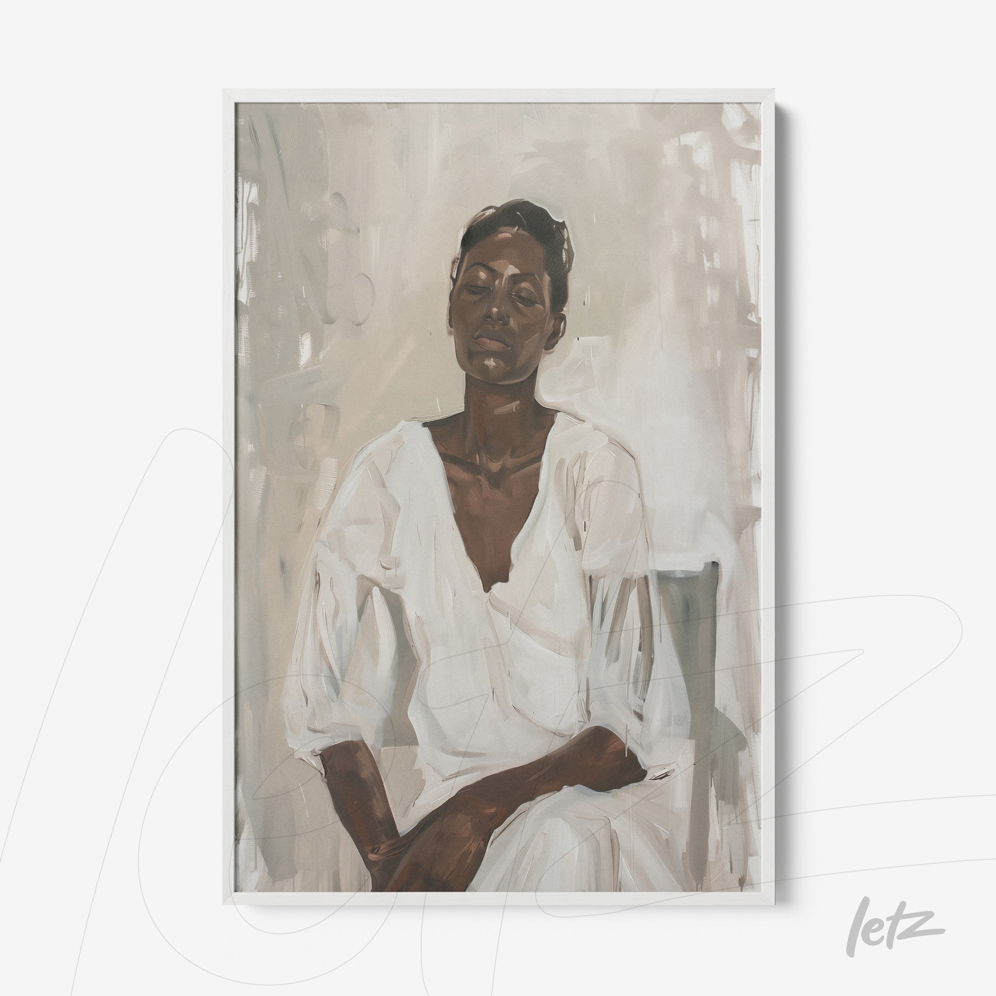 quadro com retrato de mulher em vestido branco, com fundo em tons neutros e moldura branca