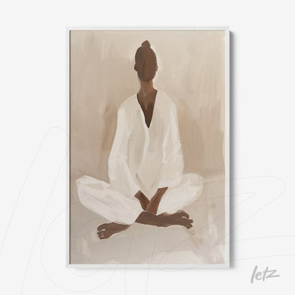 quadro com arte abstrata de figura meditativa em tonais beges, moldurado com moldura branca