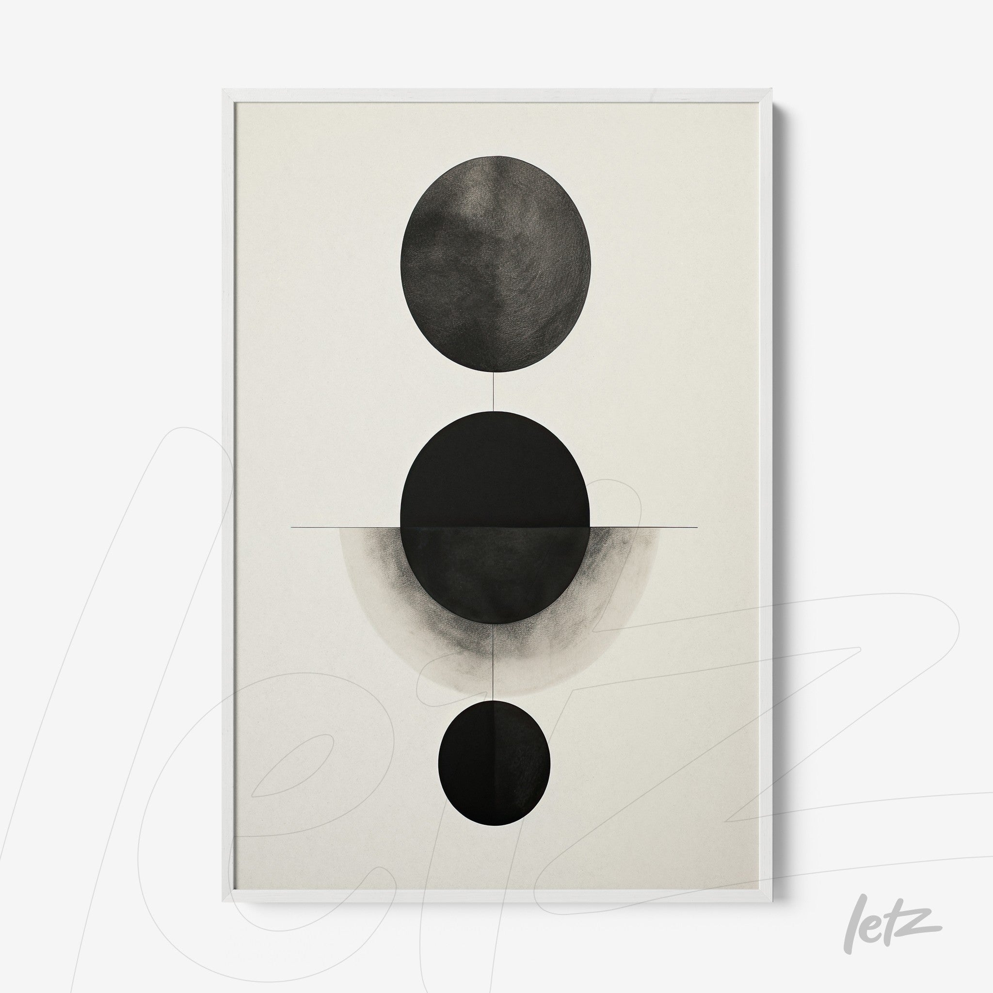 quadro com arte abstrata em preto e branco com formas circulares em moldura branca