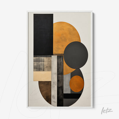 quadro com arte abstrata em tons de preto e laranja, apresentando formas geométricas em composição sobre fundo claro