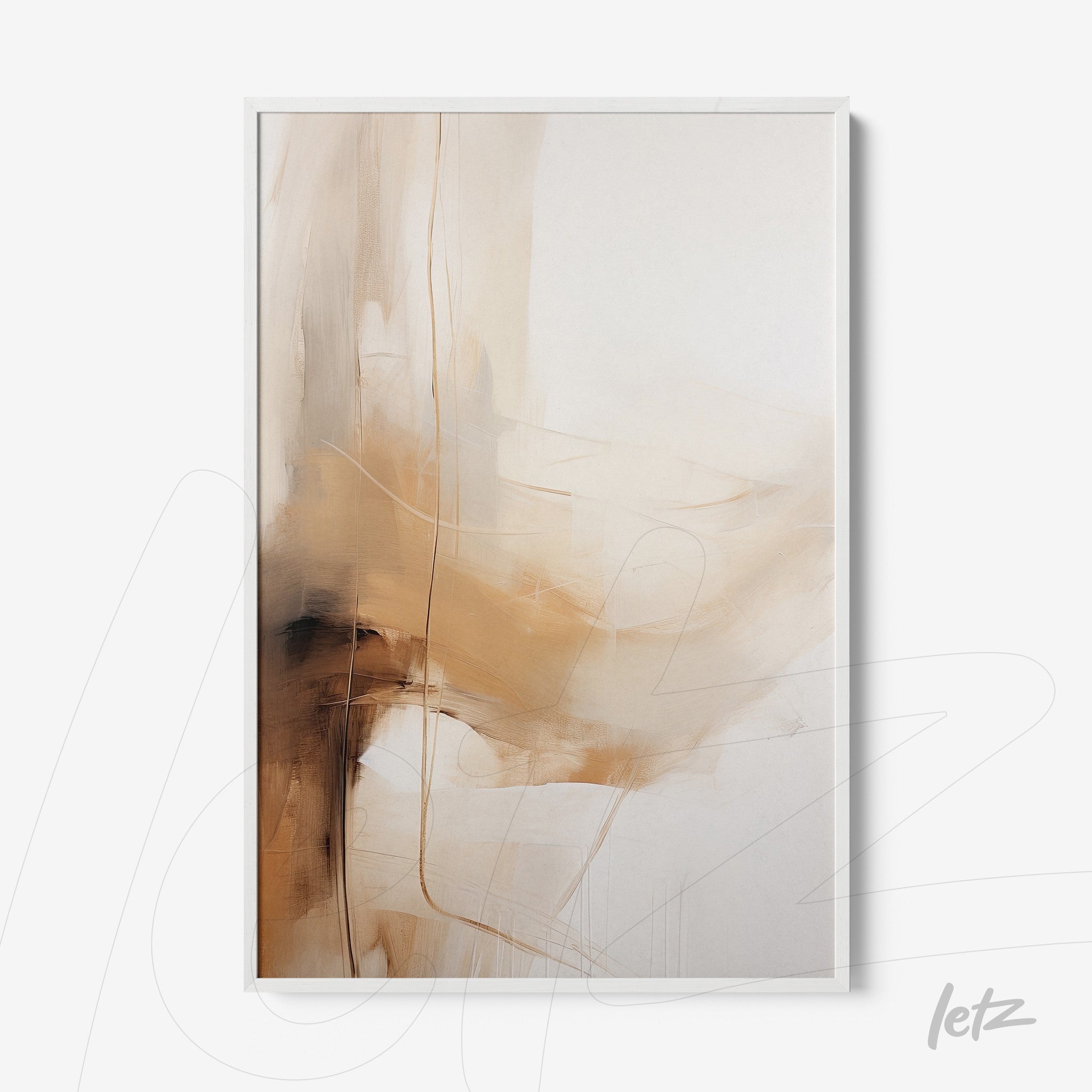quadro com arte abstrata em tons claros de bege e marrom, em moldura branca