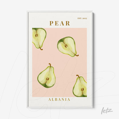 quadro com arte de peras em fundo rosa e moldura branca