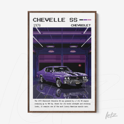 quadro em estilo retrô com ilustração do Chevrolet Chevelle SS 1970 em moldura de madeira escura