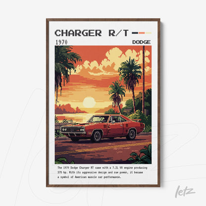 quadro com arte retrô do carro Dodge Charger R/T de 1970 em moldura de madeira escura