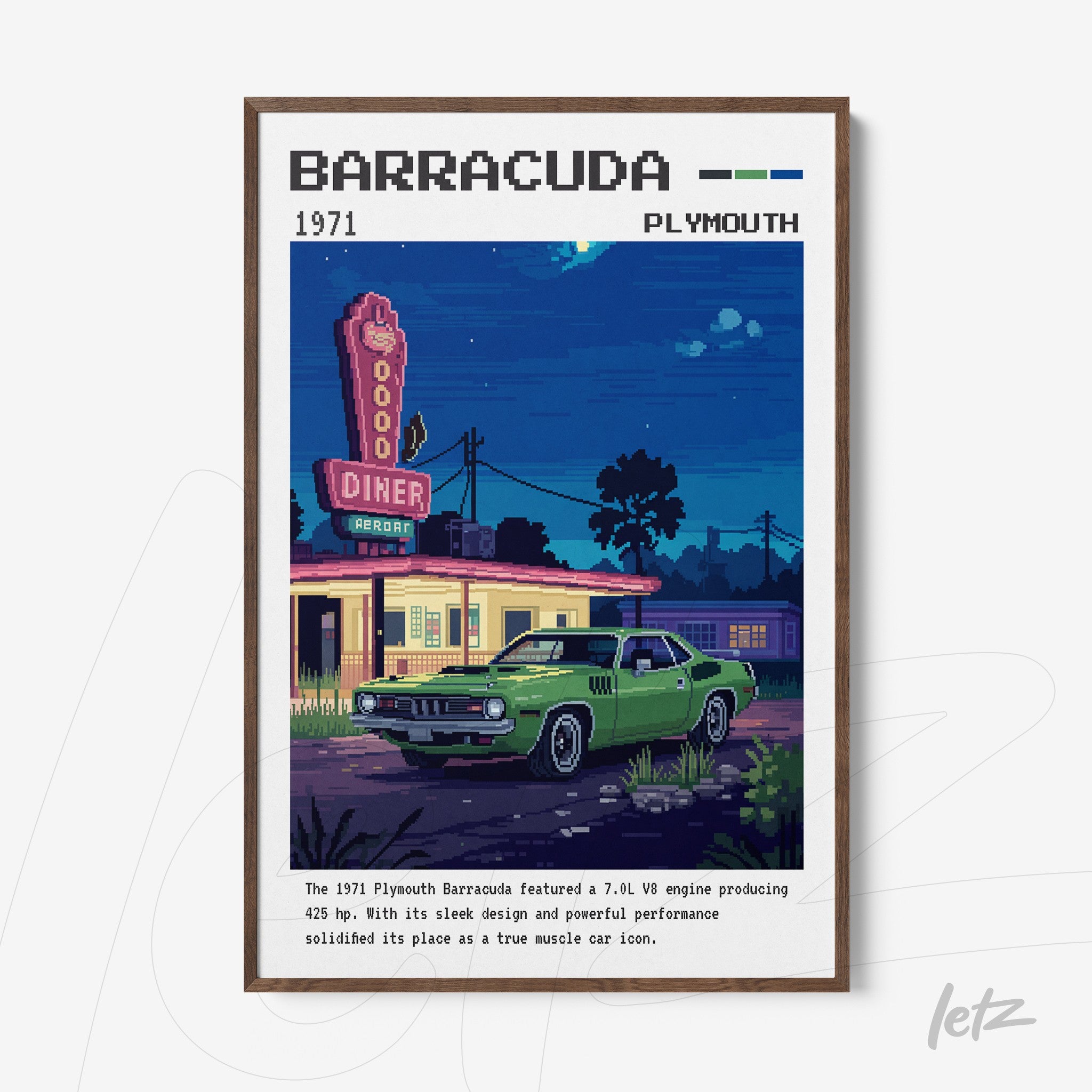 quadro em moldura de madeira apresentando arte digital de um Plymouth Barracuda verde em frente a um diner vintage dos anos 70