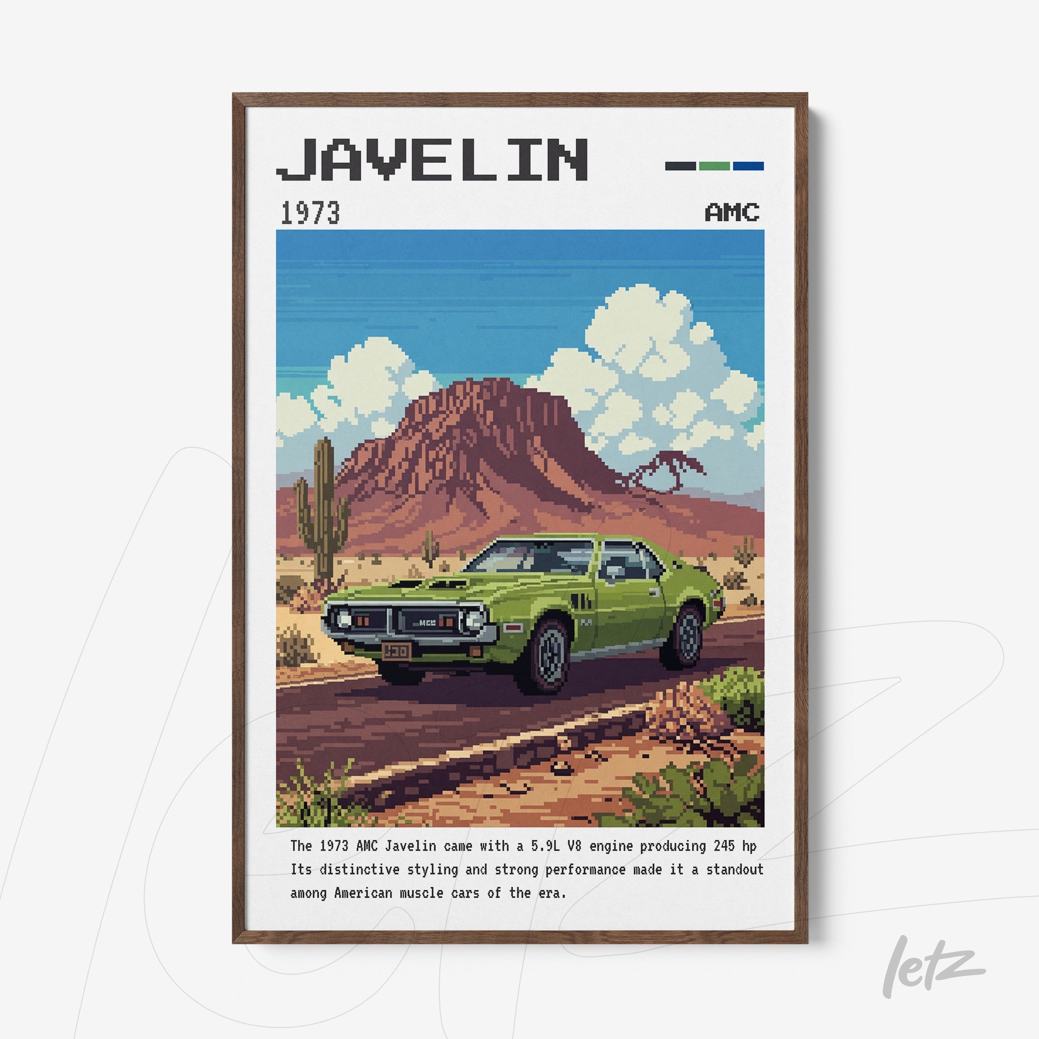 quadro com arte em pixel de um carro AMC Javelin de 1973 com fundo montanhoso e céu azul