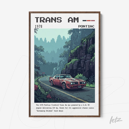 quadro emoldurado com arte pixelada de um carro Trans Am vermelho em uma estrada cercada por montanhas verdes