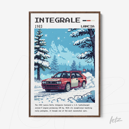 quadro emoldurado com arte pixelada do carro Lancia Delta Integrale em uma paisagem de inverno