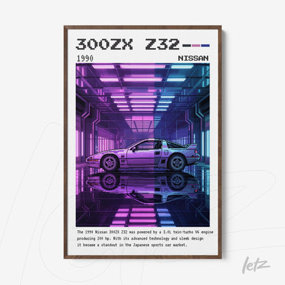 quadro em moldura de madeira com arte retro do Nissan 300ZX Z32 em fundo neon
