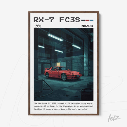 quadro com ilustração pixel art do carro Mazda RX-7 FC3S de 1991 em moldura escura