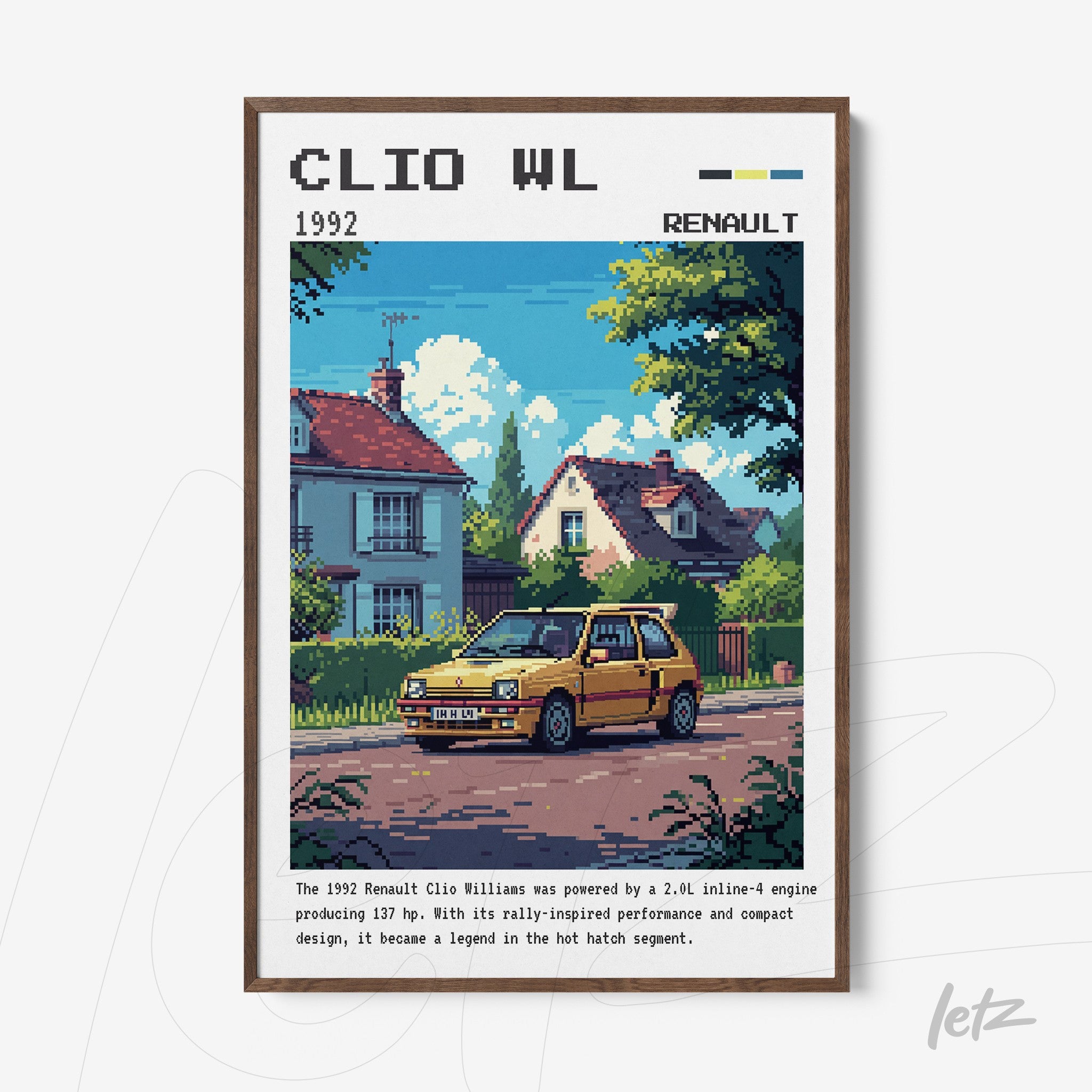 quadro com arte pixelada de um Renault Clio Williams amarelo estacionado em uma rua arborizada com casas ao fundo e moldura marrom escura