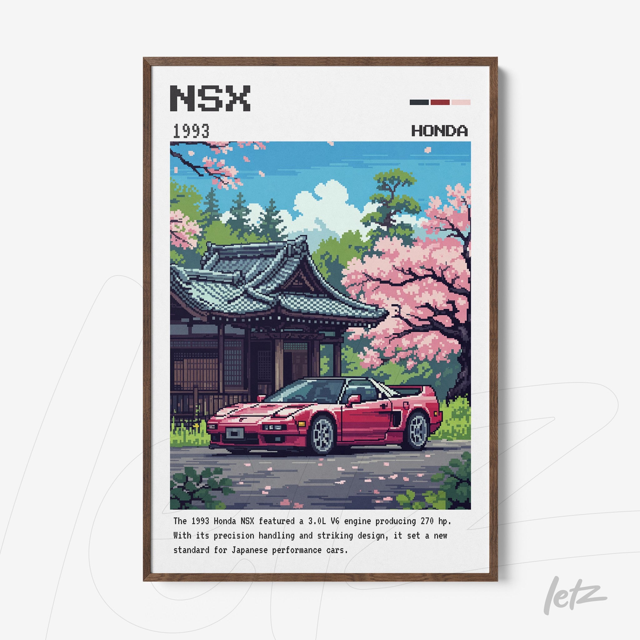 quadro com arte pixel art de um carro Honda NSX de 1993 em frente a um templo japonês com cerejeiras em flor