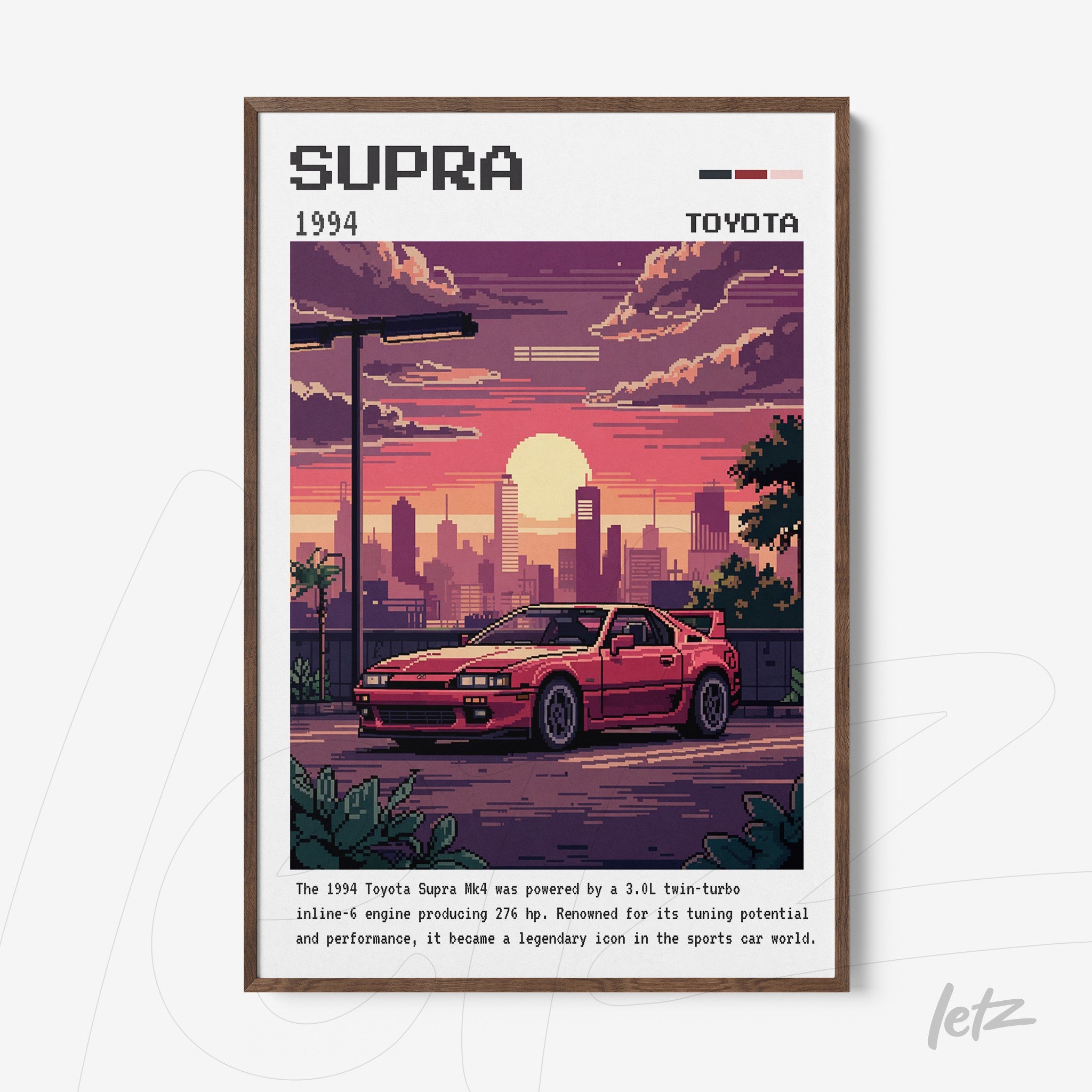 quadro com arte pixelada do carro Toyota Supra 1994 com moldura de madeira escura