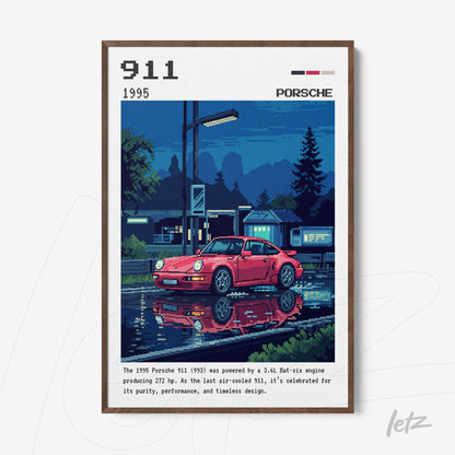 quadro com arte digital retrô de um Porsche 911 de 1995 refletindo em uma poça d'água sob luz noturna em molde de madeira escura