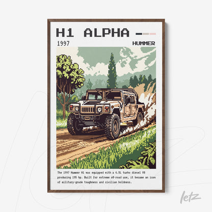 quadro emoldurado apresentando uma arte retrô do veículo Hummer H1 em meio a uma paisagem verdejante