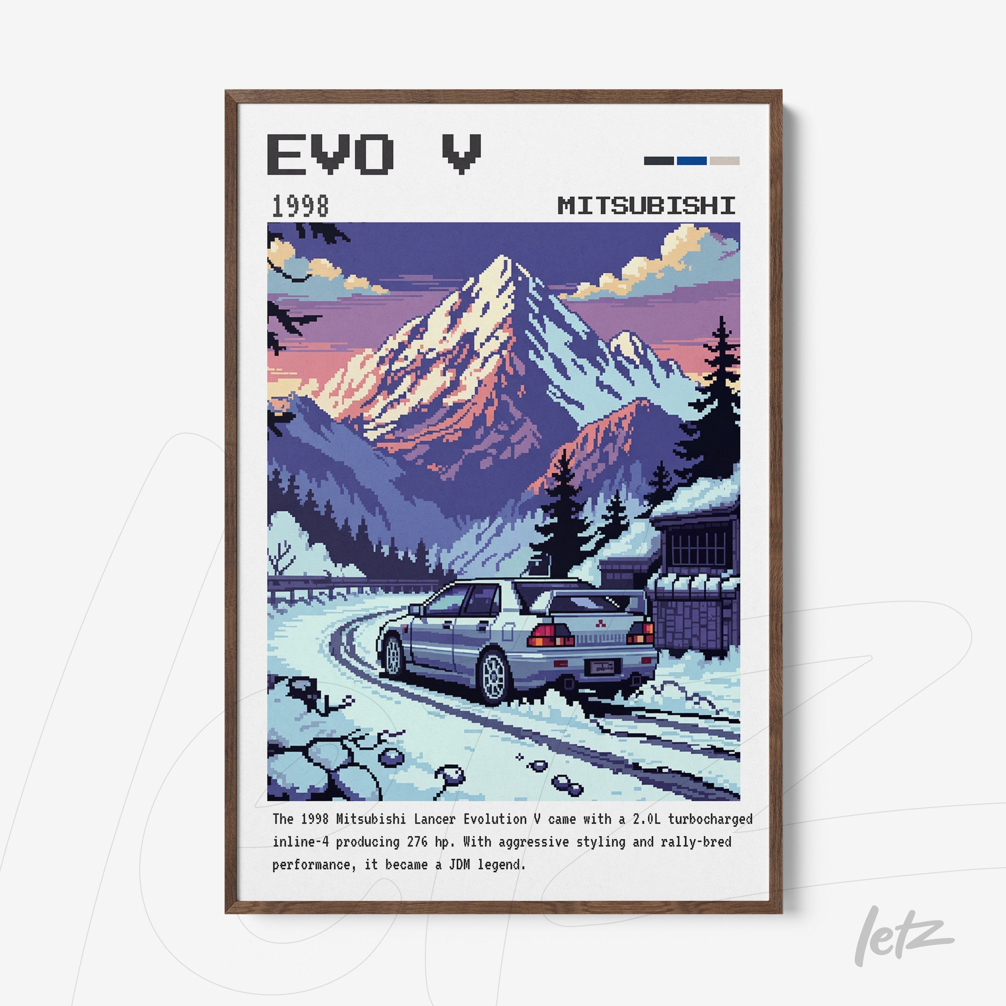 quadro com arte pixelada de um Mitsubishi Lancer Evolution V em uma estrada montanhosa com fundo de montanha coberta de neve