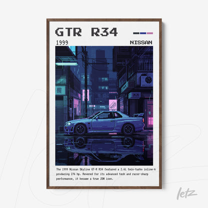 quadro com arte digital do carro Nissan GTR R34 em um cenário urbano noturno, com moldura de madeira escura