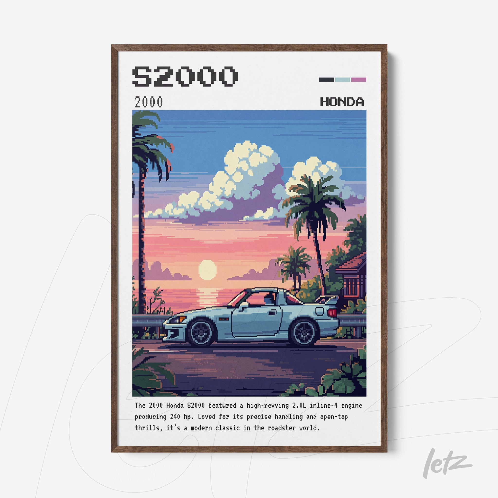 quadro com arte pixelada de um carro esportivo S2000 em um pôr do sol tropical, moldura de madeira clara