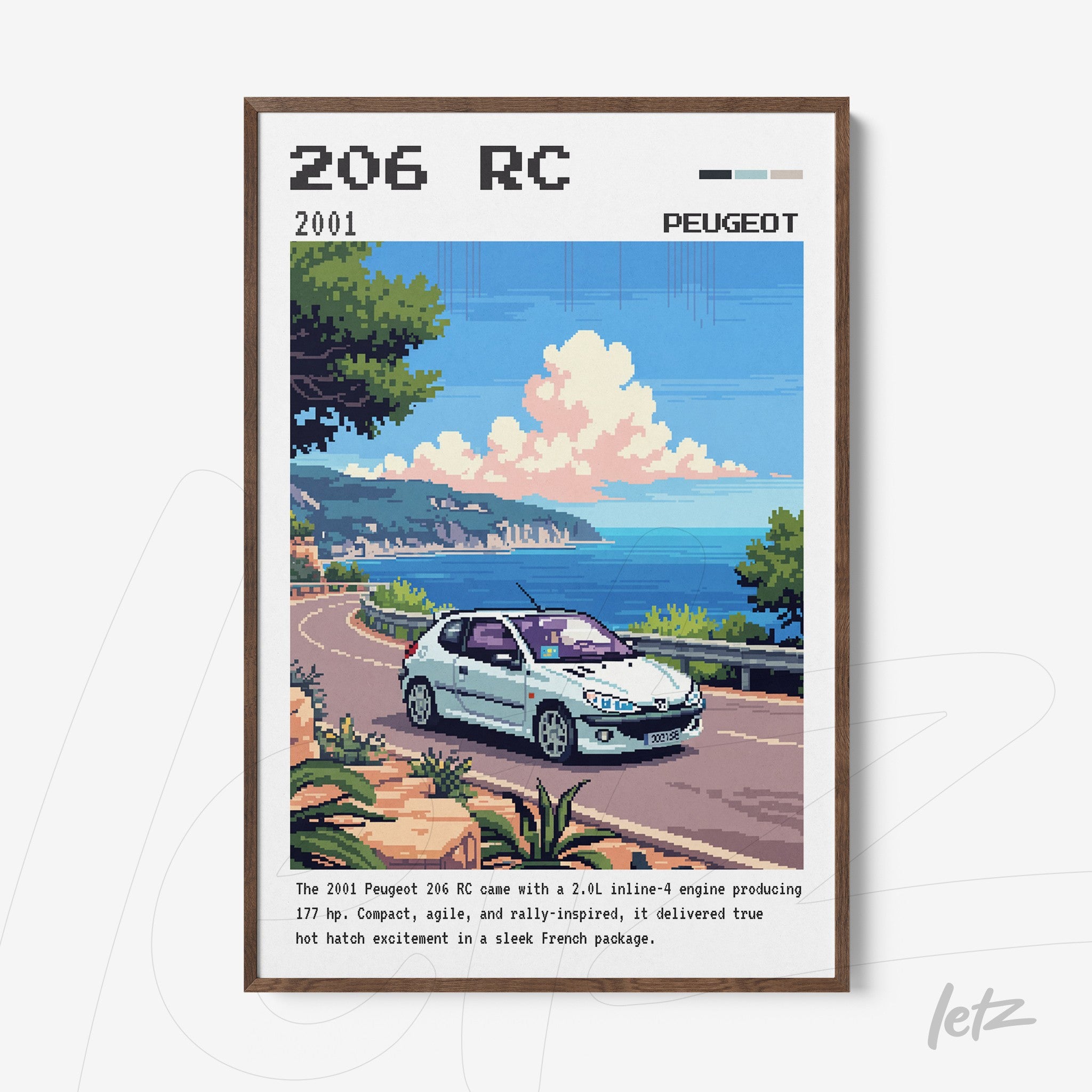 quadro com arte digital do carro Peugeot 206 RC em uma estrada costeira, moldura de madeira escura