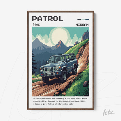 quadro com ilustração de um carro Nissan Patrol 2006 em estilo pixelado, exibido em moldura de madeira escura sobre fundo claro