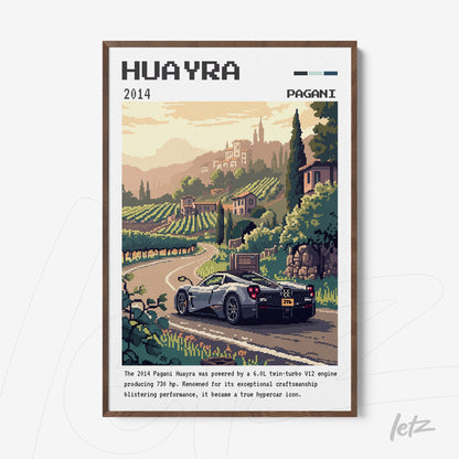 quadro com arte pixelada do carro Pagani Huayra em uma paisagem rural com vinhedos