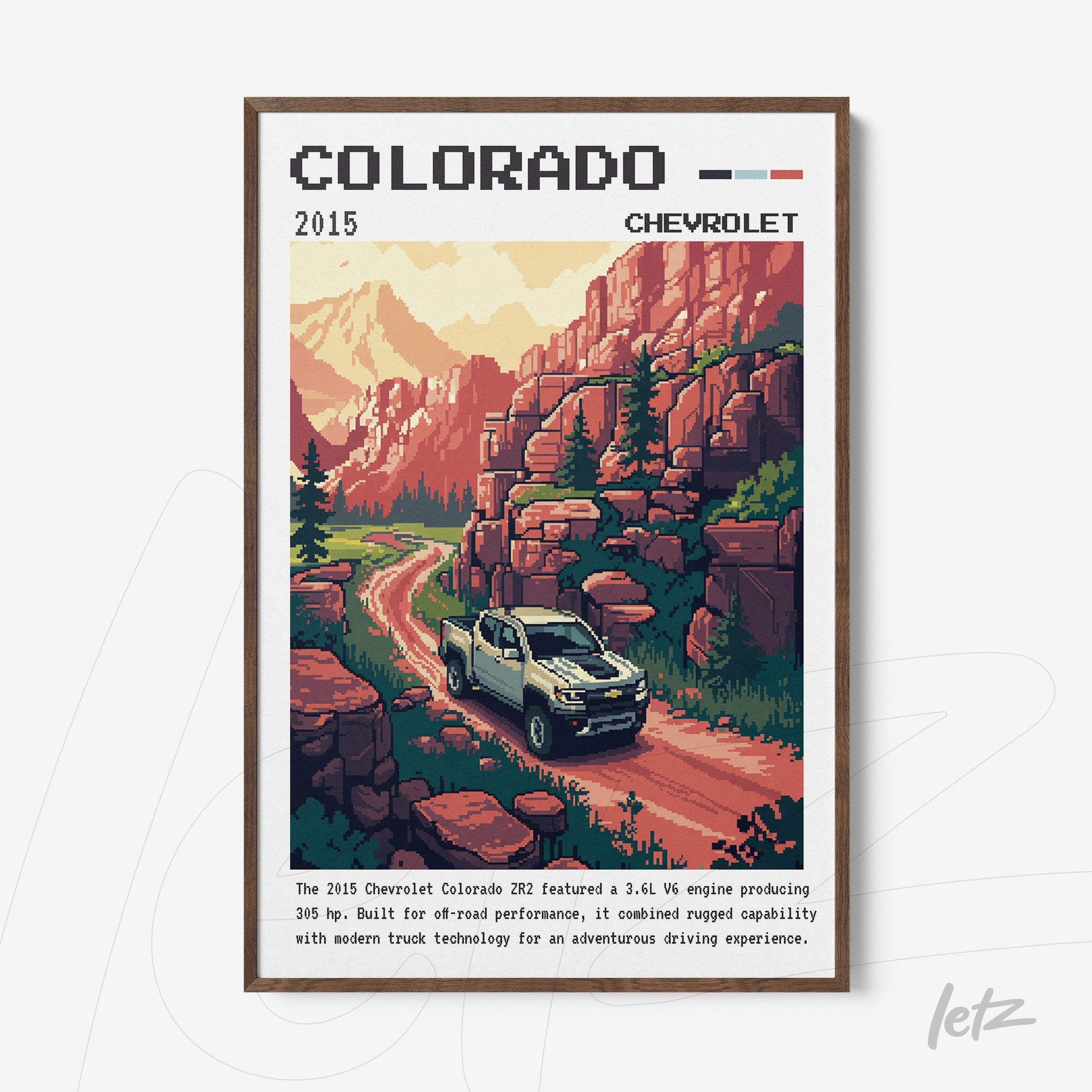 quadro com arte pixelada de paisagem montanhosa com caminhonete em uma estrada de terra, moldura marrom clara