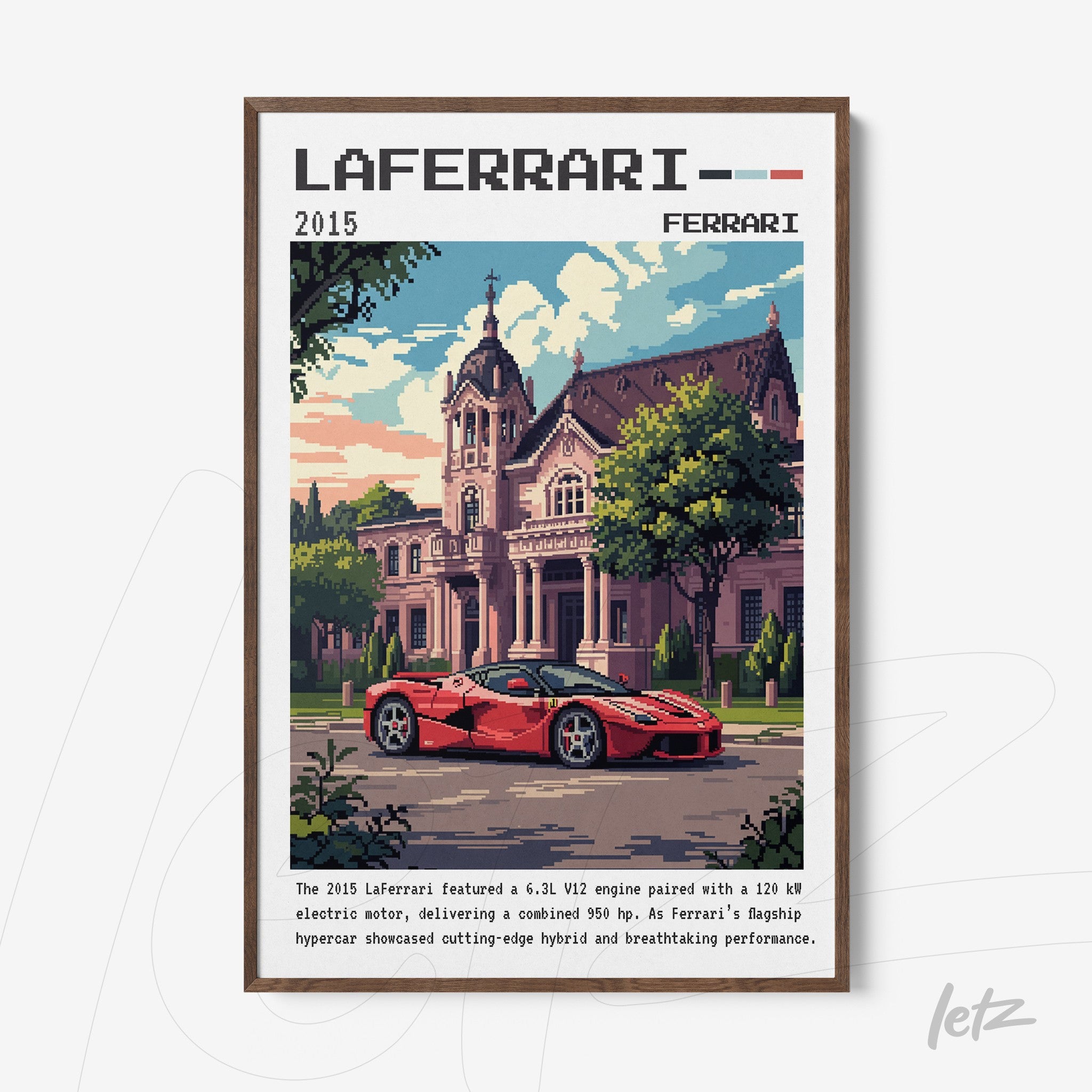 quadro com arte retrô do carro LaFerrari em frente a uma mansão, moldura de madeira escura
