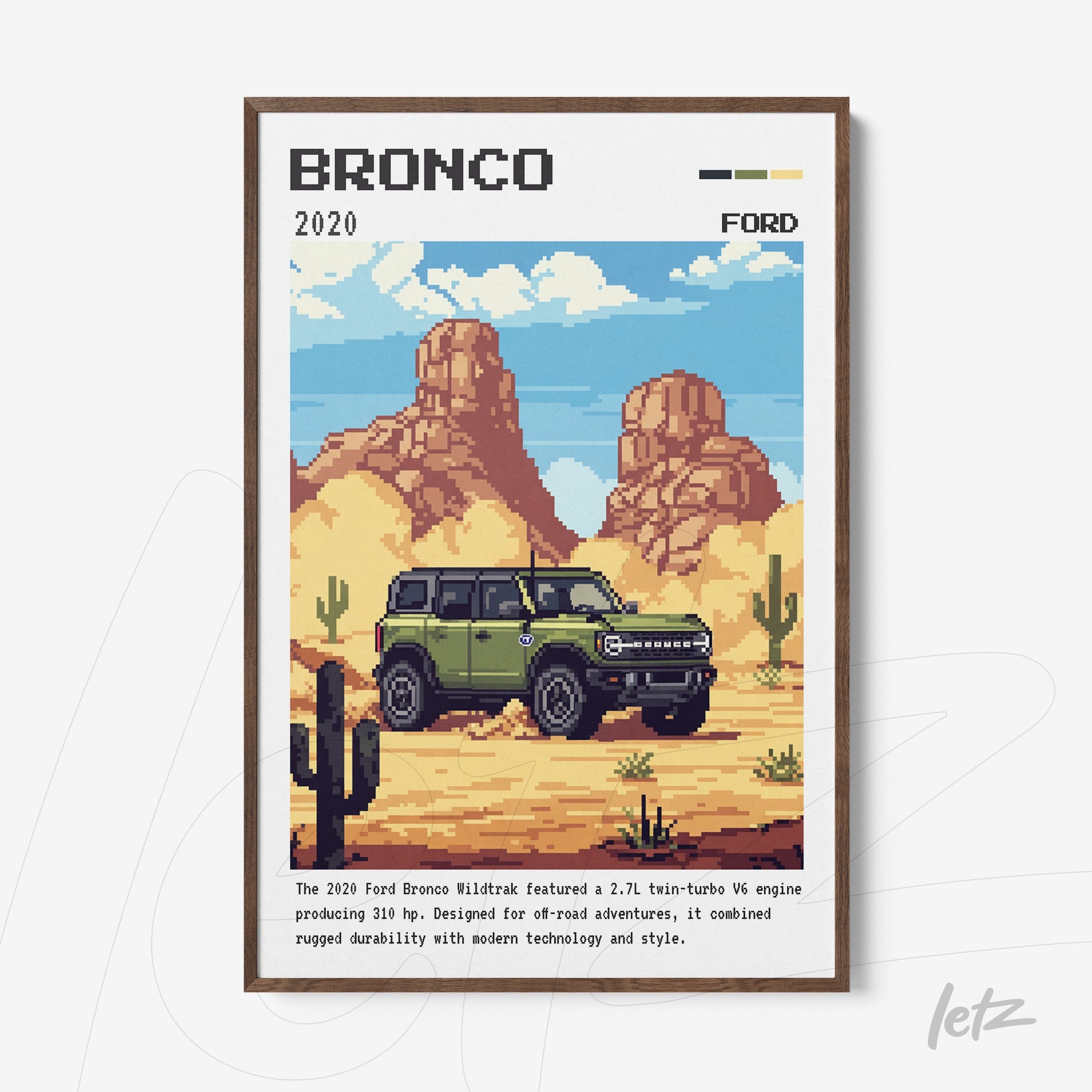 quadro estilizado em pixel art do Ford Bronco 2020 em uma paisagem desértica com cactos