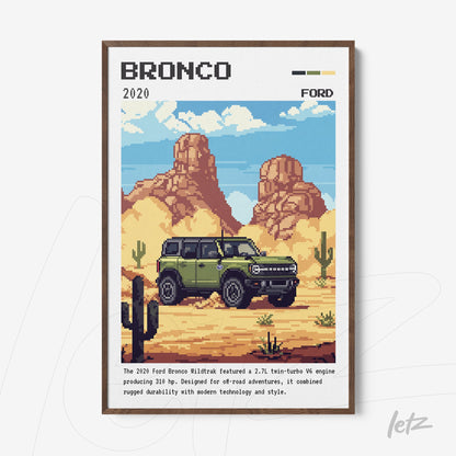 quadro estilizado em pixel art do Ford Bronco 2020 em uma paisagem desértica com cactos