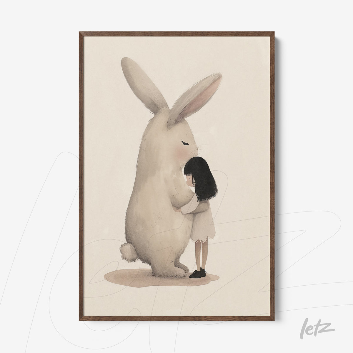 quadro em moldura de madeira com ilustração de uma menina com vestido claro abraçando um coelho grande e fofo