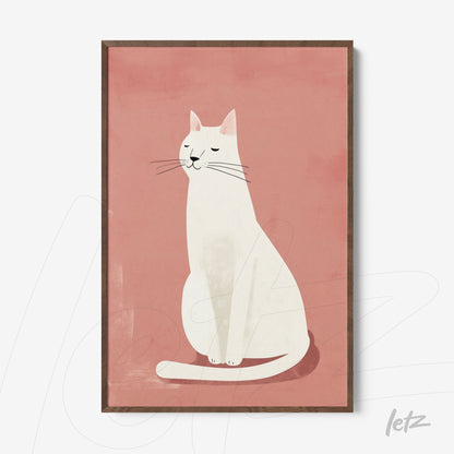 quadro com ilustração minimalista de gato branco sentado em fundo rosa claro com moldura de madeira