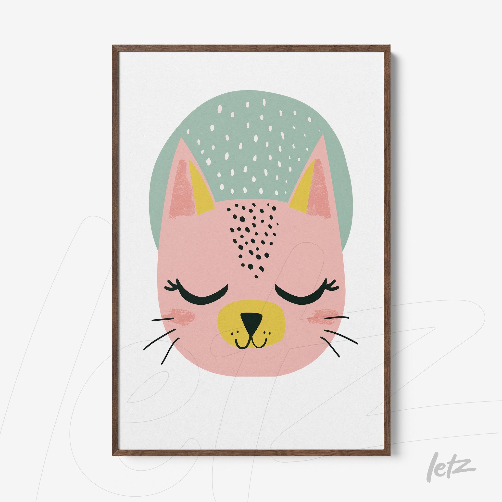 quadro com ilustração de gato estilizado em tons de rosa e verde, com moldura marrom