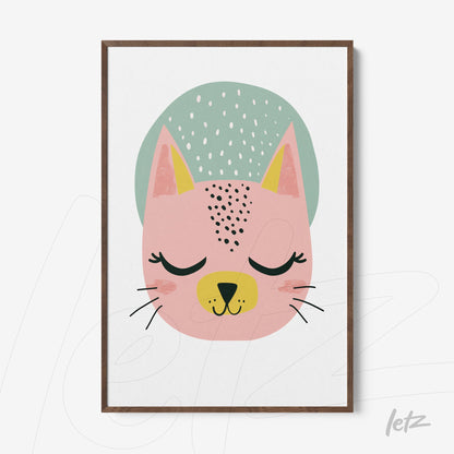 quadro com ilustração de gato estilizado em tons de rosa e verde, com moldura marrom