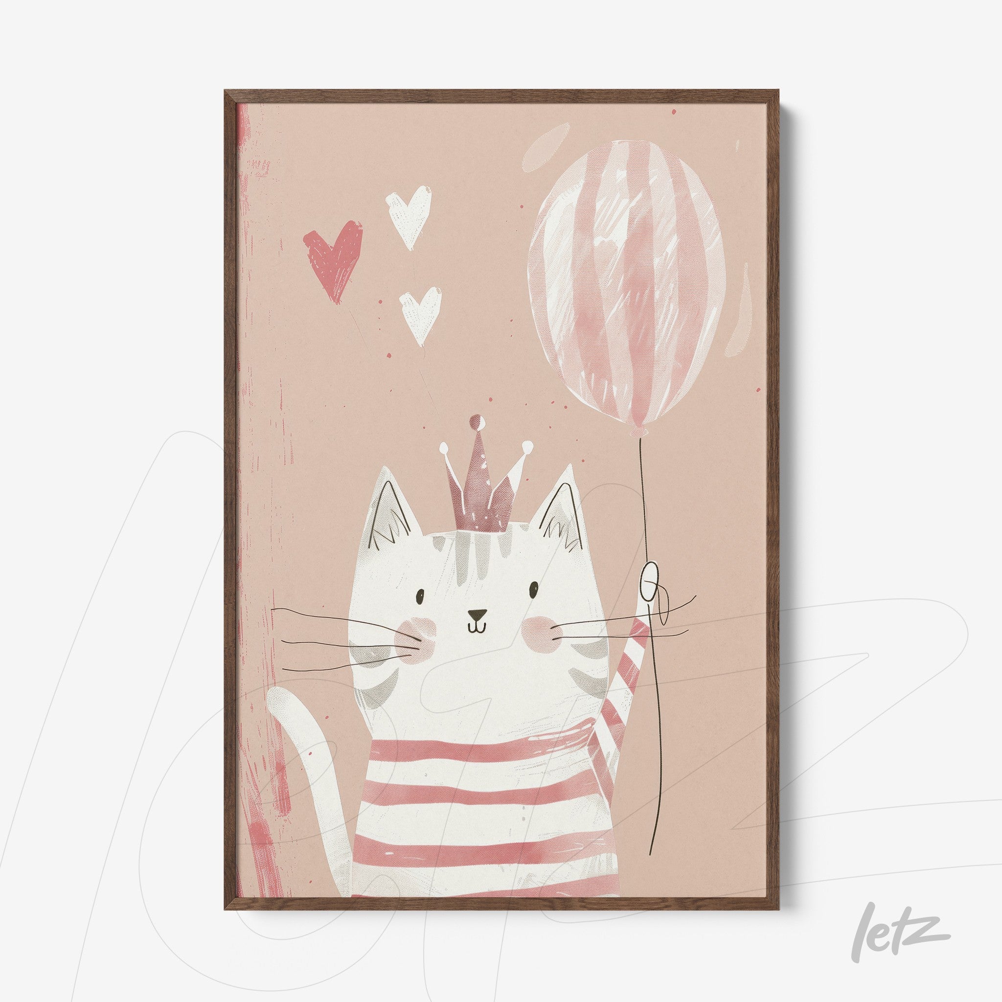 quadro com arte infantil de gato simpático segurando um balão em fundo rosa claro