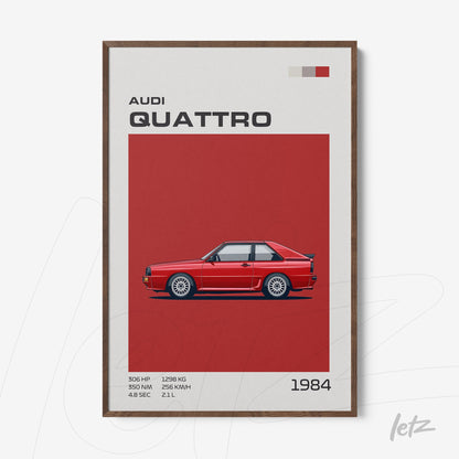 quadro com ilustração do carro Audi Quattro em fundo vermelho e moldura de madeira escura