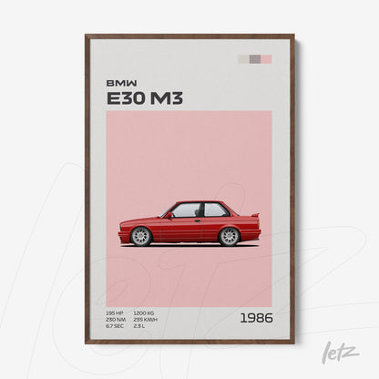 quadro com arte digital do carro BMW E30 M3 em moldura de madeira com fundo rosa