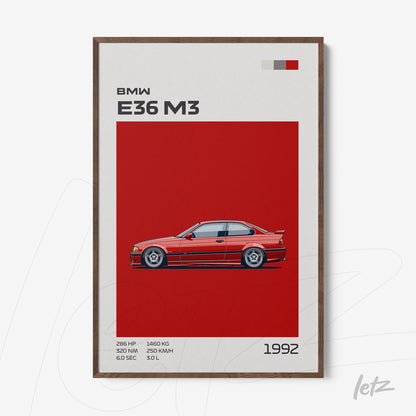 quadro com arte digital de um carro esportivo BMW E36 M3 em destaque sobre fundo vermelho vibrante