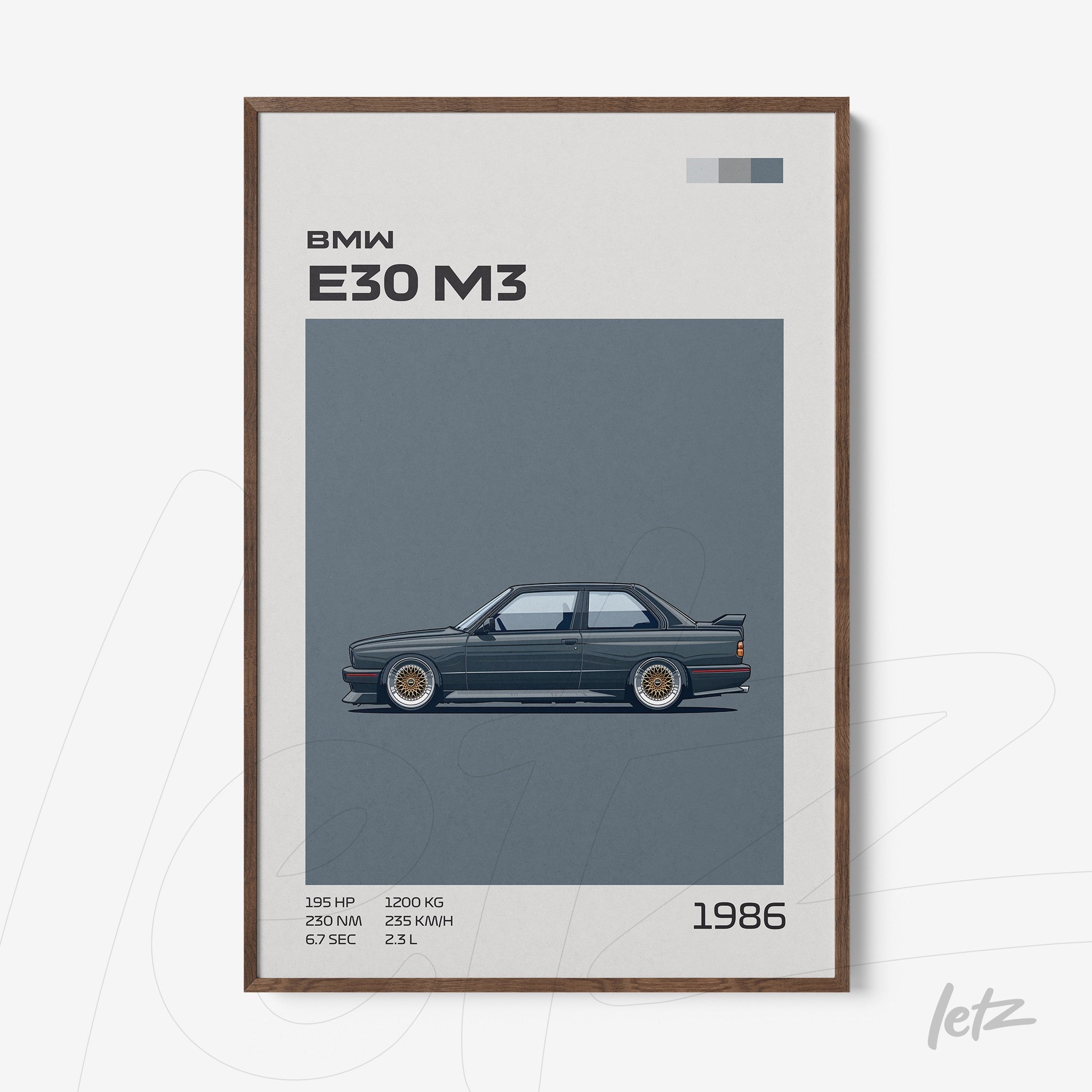quadro com ilustração do carro BMW E30 M3 em fundo azul, moldura de madeira clara