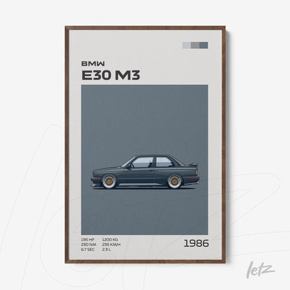 quadro com ilustração do carro BMW E30 M3 em fundo azul, moldura de madeira clara