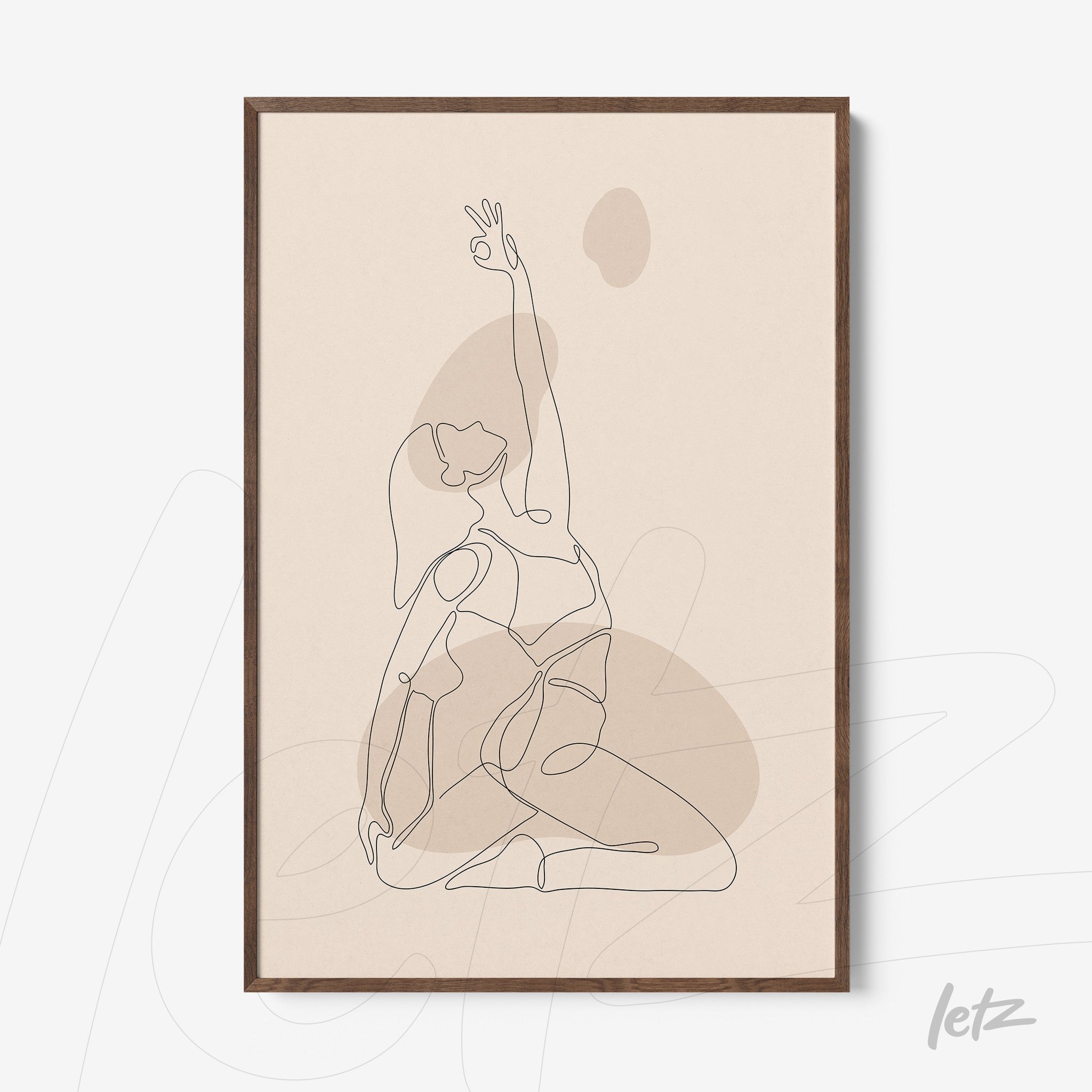 quadro emoldurado com arte de linha minimalista mostrando uma figura humana em postura de alongamento no fundo bege